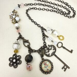 Plunder Design Charm Necklace Ornate Key Floral Pendant Beaded Chain Long Layer